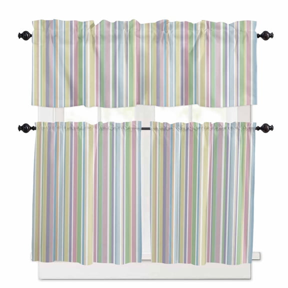Rainbow Striped Kitchen Curtains and Valances Set, 3 Piece Kitchen Curtains Set 24 Inch Length, Geometric Blue Pink Green Purple Yellow Rod Pocket Curtains Tier Farmhouse Window Curtains