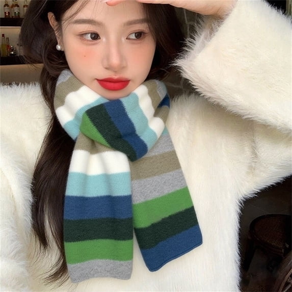 Rainbow Striped Knit Scarf for Women Men, Winter Warm Thick Wool Scarf, Soft Long Wrap Shawl Neck Warmer Fashion Accessory for Outdoor, Travel, Daily Wear, Cold Weather Comfort Light Green