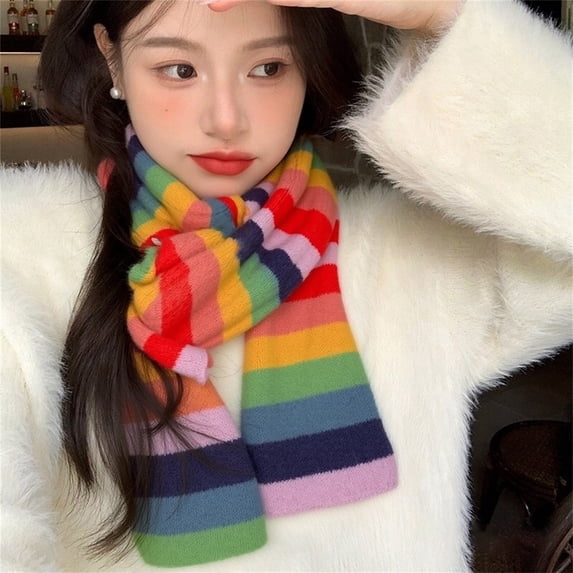 Rainbow Striped Knit Scarf for Women Men, Winter Warm Thick Wool Scarf, Soft Long Wrap Shawl Neck Warmer Fashion Accessory for Outdoor, Travel, Daily Wear, Cold Weather Comfort Red
