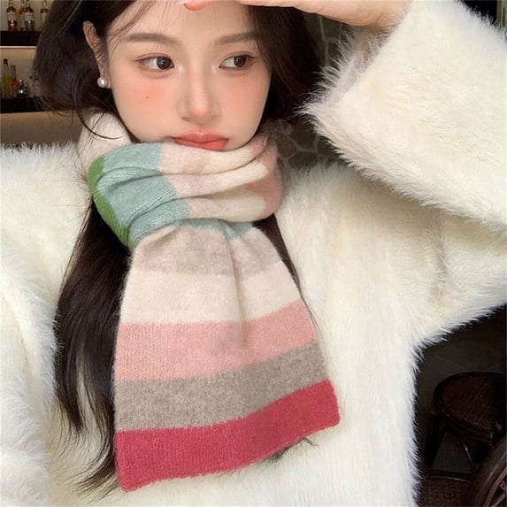 Rainbow Striped Knit Scarf for Women Men, Winter Warm Thick Wool Scarf, Soft Long Wrap Shawl Neck Warmer Fashion Accessory for Outdoor, Travel, Daily Wear, Cold Weather Comfort Pink