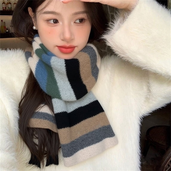 Rainbow Striped Knit Scarf for Women Men, Winter Warm Thick Wool Scarf, Soft Long Wrap Shawl Neck Warmer Fashion Accessory for Outdoor, Travel, Daily Wear, Cold Weather Comfort Blackish Green