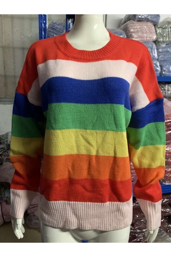 Rainbow Striped Knit Sweater (M, Orange)