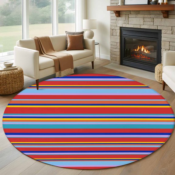 Rainbow Striped Large Round Rug 8 FT, Non Slip Living Room Area Carpet, Red Blue Yellow Geometric Abstract Washable Soft Circle Rug Non-Shedding Floor Carpet for Bedroom Office Dining Room