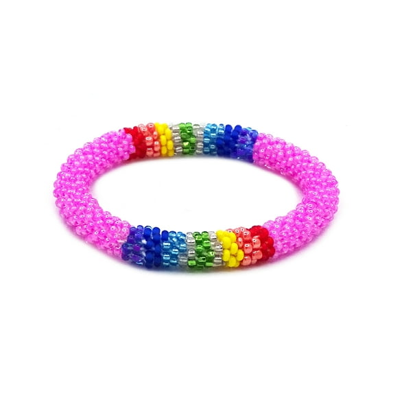 Rainbow Striped Pattern Guatemalan Czech Glass Seed Beaded One Size Fits All Bangle Bracelet - Womens Fashion Handmade Jewelry Boho Accessories