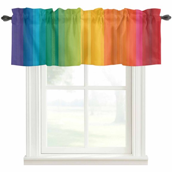 Rainbow Striped Rod Pocket Curtain Valance, Colorful Gradients Modern Abstract Art Farmhouse Window Valance for Living Room, Bedroom, Kitchen 42"W x 12"L