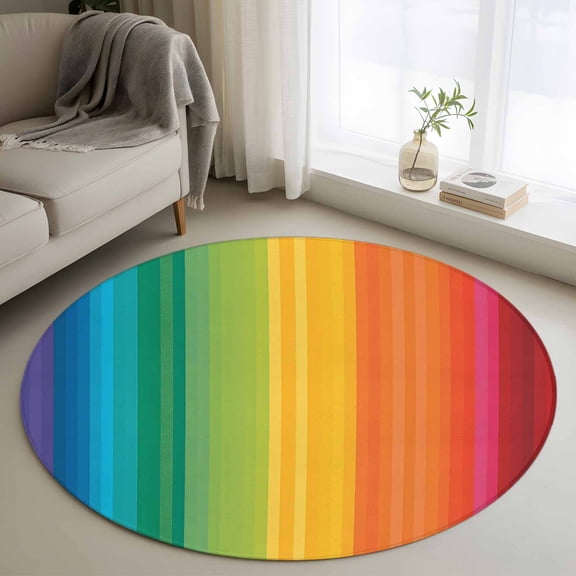 Rainbow Striped Round Area Rug 4Ft Washable Circle Rugs for Bedroom Dining Room, Colorful Gradients Modern Abstract Art Non-Slip Carpet Floor Mats Indoor Outdoor Carpet Runner Aesthetic Home Decor