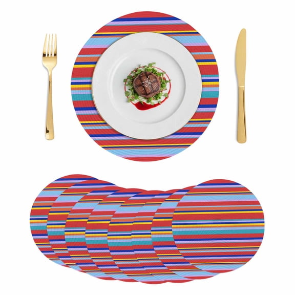 Rainbow Striped Round Placemats Set of 8, Braided Polypropylene Place Mats, Red Blue Yellow Geometric Abstract Washable Table Mats for Kitchen Dinner Holiday Wedding Party Coffee Table Decoration 15"