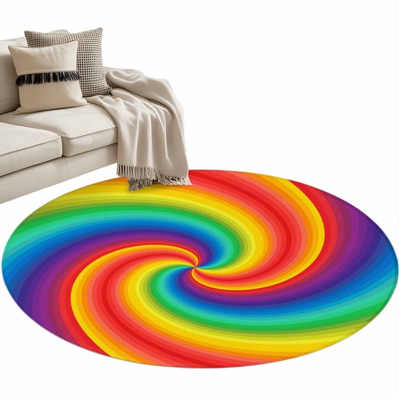 Rainbow Striped Round Rug 3ft Washable Circle Entryway Rugs Non Slip Colorful Abstract Spiral Aesthetic Art Area Rug Indoor Carpet for Bedroom Kitchen Living Room Home Office Dining Room Nursery