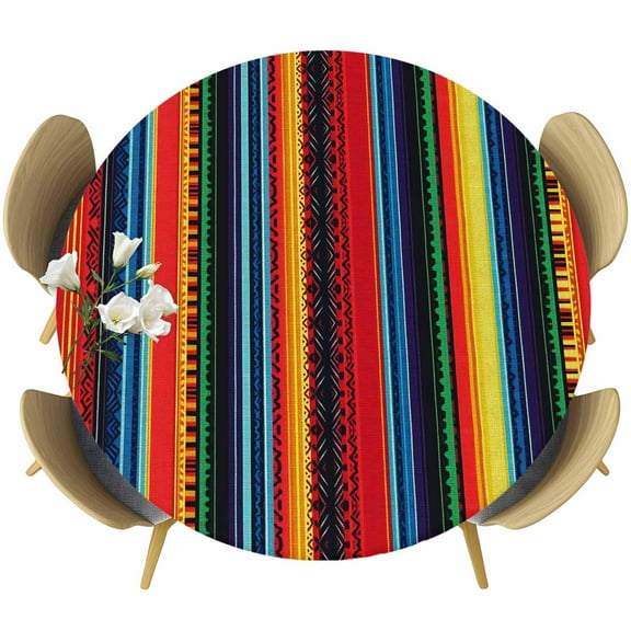 Rainbow Striped Round Tablecloth 55-60 Inch Round Fitted Table Cloth with Elastic Edge, Modern Colorful Boho Ethnic Chic Lines Waterproof Table Cover Protector for Outdoor Picnic Party Dining