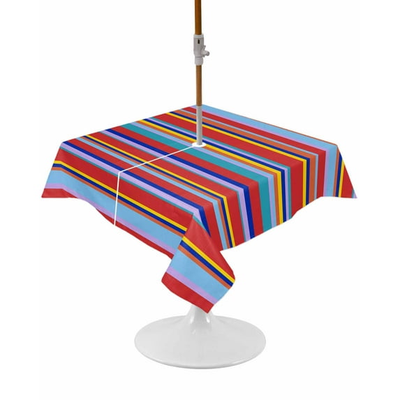 Rainbow Striped Square Outdoor Tablecloth, Waterproof Table Cloth Cover with Umbrella Hole and Zipper, Red Blue Yellow Geometric Abstract Table Protector for Patio Party Picnic 60"x60"