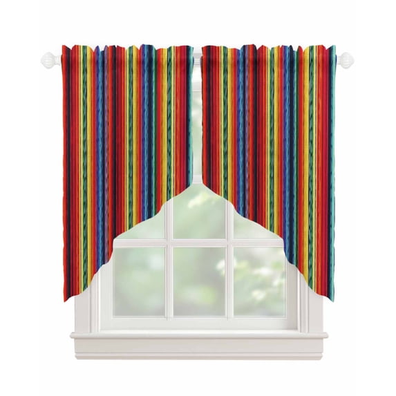 Rainbow Striped Swag Valances for Windows, Boho Ethnic Colorful Lines Minimalist Rod Pocket Sheer Valances for Small Windows, Swag Toppers Light Filtering for Kitchen Living Room 2 Panels 28''x36''
