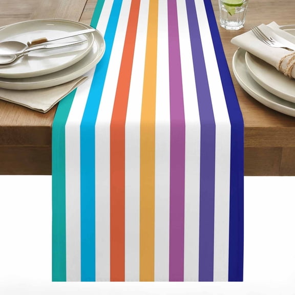 Rainbow Striped Table Runner 13x48 inch Colorful Rectangular Geometric Cotton Linen Dining Table Runner Ideal for Dresser Kitchen Coffee Tables - Machine Washable