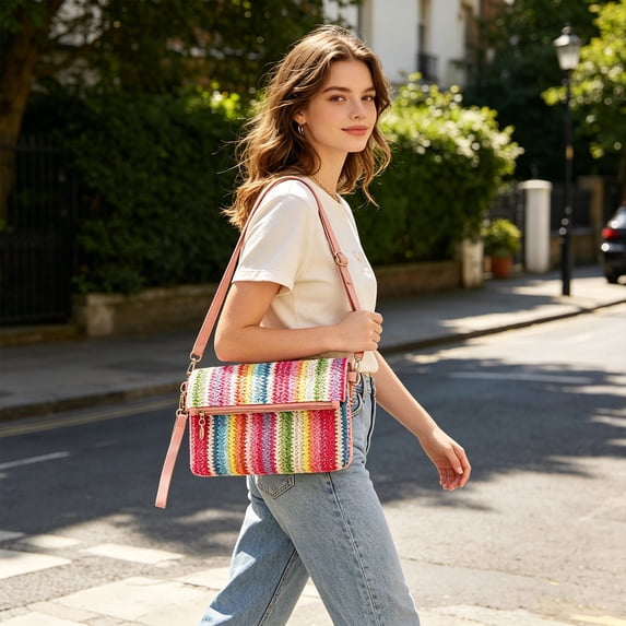 Rainbow Striped Woven Crossbody Bag, Casual Summer Shoulder Purse with Adjustable Strap for Women, Lightweight Beach and Daily Use Handbag