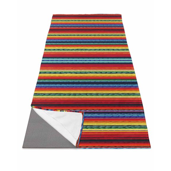 Rainbow Striped Yoga Towel for Hot Yoga Non Slip, Boho Ethnic Colorful Lines Minimalist Yoga Mat Towel Absorbent Yoga Sweat Towels Microfiber Hot Yoga Blanket for Bikram Pilates 26"x70"