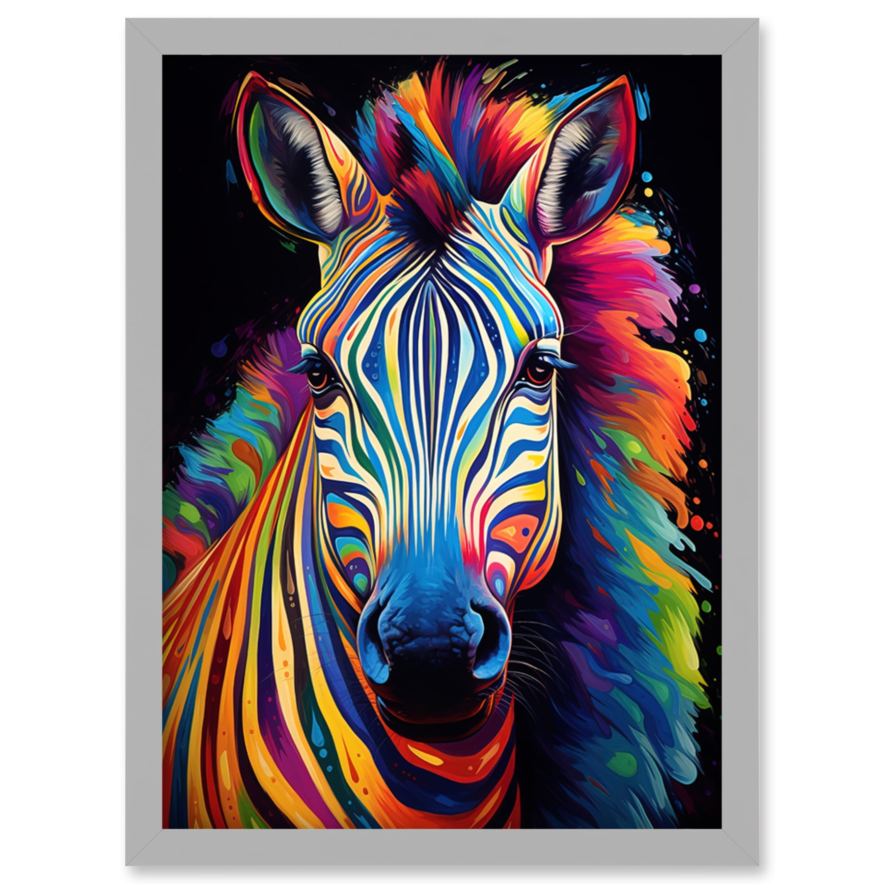 Rainbow Striped Zebra Colourful Vibrant Bold Psychedelic Neon Impact  Artwork Framed Wall Art Print A4
