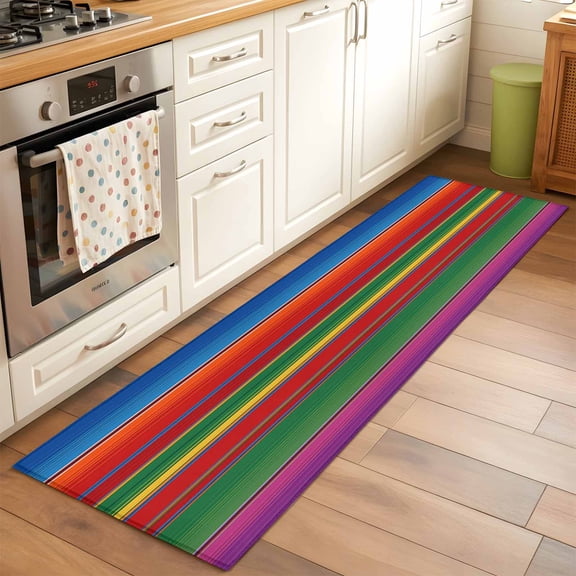 Rainbow Stripes 2x6 Runner Rug for Hallway Walkway Kitchen Galley, Abstract Vintage Red Blue Yellow Green Purple Mexican Stripes Low Pile Washable Non Slip Long Area Rug