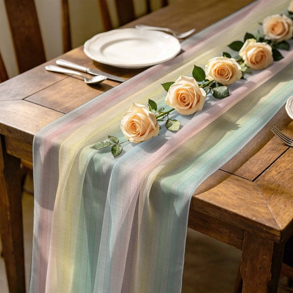 Rainbow Stripes 4.5 ft Cheesecloth Table Runner for Wedding 19"x55", Colorful Watercolor Linen Texture Kitchen Dinner Sheer Tulle Chiffon Dresser Scarf, Holiday Party Decorations