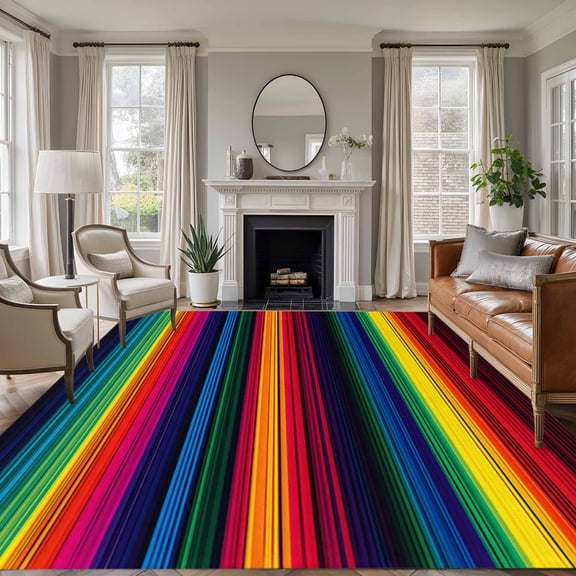 Rainbow Stripes 6'x9' Area Rug for Living Room, Mexico Colored Stripes Minimalist Non-Slip Floor Mat Rugs for Bedroom Dining Room, Indoor Large Carpet for Classroom, Nursery Rugs for Playroom