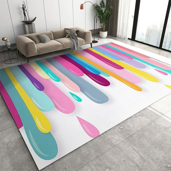Rainbow Stripes Area Rug Colored Water Droplets Area Rugs Cute Children's Carpet Simple Soft Washable Carpet For Balcony Dorm Room Hallways 2x3ft
