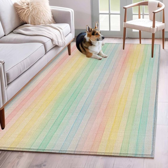 Rainbow Stripes Area Rugs 3x5 ft Colorful Watercolor Linen Texture Washable Rug Non Slip Indoor Carpet Absorbent Floor Mat for Living Room Bedroom Dining Room
