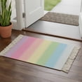 thumbnail image 1 of Rainbow Stripes Bathroom Rug 2'x3', Modern Colorful Cream Striped Aesthetics Low Profile Front Entryway Rug with Tassels, Woven Cotton Washable Kitchen Mat Carpet for Foyer Bedroom Back Door Decor, 1 of 9