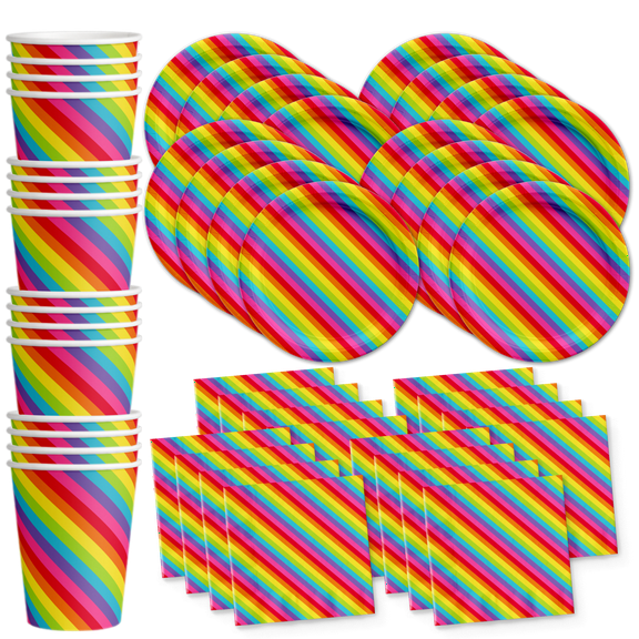 Rainbow Stripes Birthday Party Supplies Set Plates Napkins Cups Tableware Kit for 16