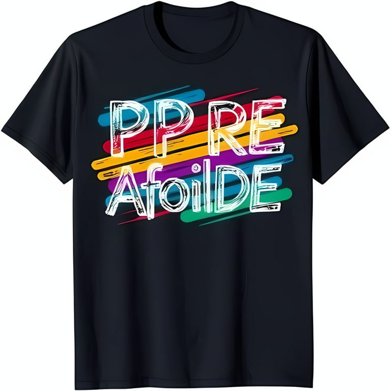 Rainbow Stripes Black T-Shirt with Playful 'PPRE AFOIIDE' Design
