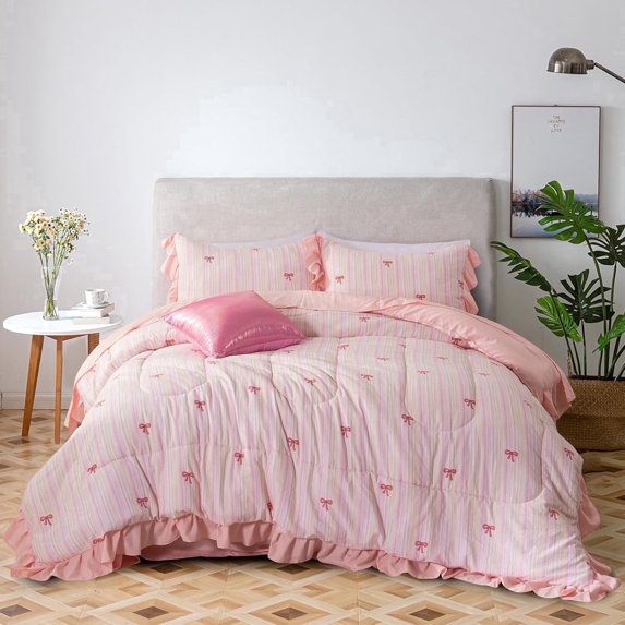 Rainbow Stripes & Bows Bedding Set,Ruffle 6 Piece Bed in a Bag Matching Sheet Set,Princess Style Chic Bow Printed,Light Pink Room Decor for Girls,Full