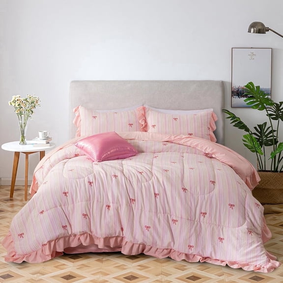 Rainbow Stripes & Bows Bedding Set,Ruffle 6 Piece Bed in a Bag Matching Sheet Set,Princess Style Chic Bow Printed,Light Pink Room Decor for Girls,Twin