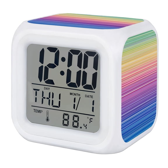 Rainbow Stripes Digital Alarm Clock for Bedrooms,Smart LED Alarm Clock with 7 Color Changing Night Light,Gradient Blue Purple Yellow Green Lines Silent Wake Up Clocks for Sleep Study 3.2"x3.2"