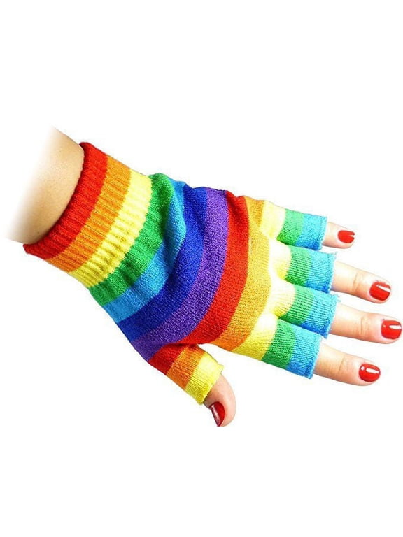 Rainbow Stripes Fingerless Knit Gloves for Texting Warm
