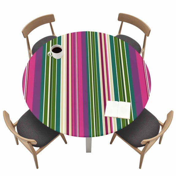 Rainbow Stripes Fitted Tablecloth with Elastic Edged, Round Table Cloth for Dining Table, Farmhouse Colorful Abstract Striped Waterproof Oil Proof Table Cover for Indoor Outdoor 36"-44"
