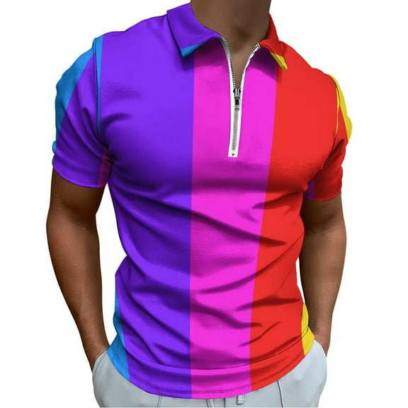 Rainbow Stripes Men Zipper T-shirt Summer Casual Short Sleeve T-shirt Top