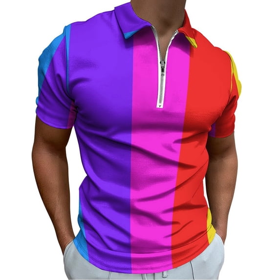 Rainbow Stripes Men Zipper T-shirt Summer Casual Short Sleeve T-shirt Top