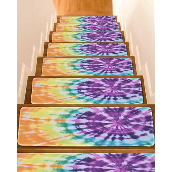 Rainbow Stripes Non-Slip Stair Treads for Wooden Steps, 15 Pack-8x30in Carpet Stair Mats with Adhesive Backing, Noise-Reducing Step Covers for Indoor Stairs, Easy to Install & Residue-Free
