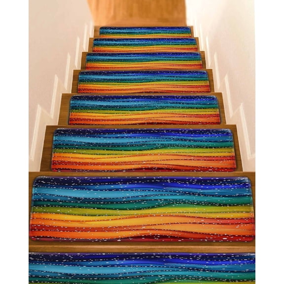 Rainbow Stripes Non-Slip Stair Treads for Wooden Steps, 4 Pack-8x30in Carpet Stair Mats with Adhesive Backing, Noise-Reducing Step Covers for Indoor Stairs, Easy to Install & Residue-Free
