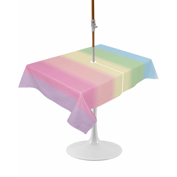 Rainbow Stripes Rectangle Outdoor Tablecloth, Waterproof Table Cloth Cover with Umbrella Hole and Zipper, Modern Colorful Cream Striped Aesthetics Table Protector for Patio Party Picnic 60"x102"