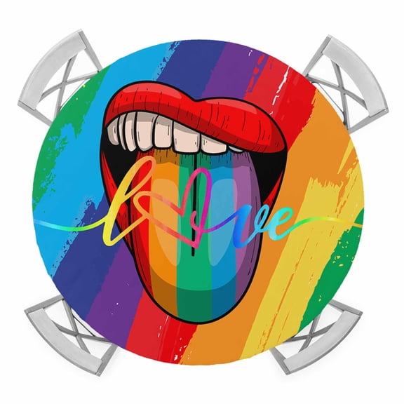 Rainbow Stripes Red Lips Elastic Fitted Round Table Cover Gay Lesbian Event Waterproof Outdoor Tablecloth for Holiday Party, Picnic, Patio & Dining Fits Tables Up to 45"-54"