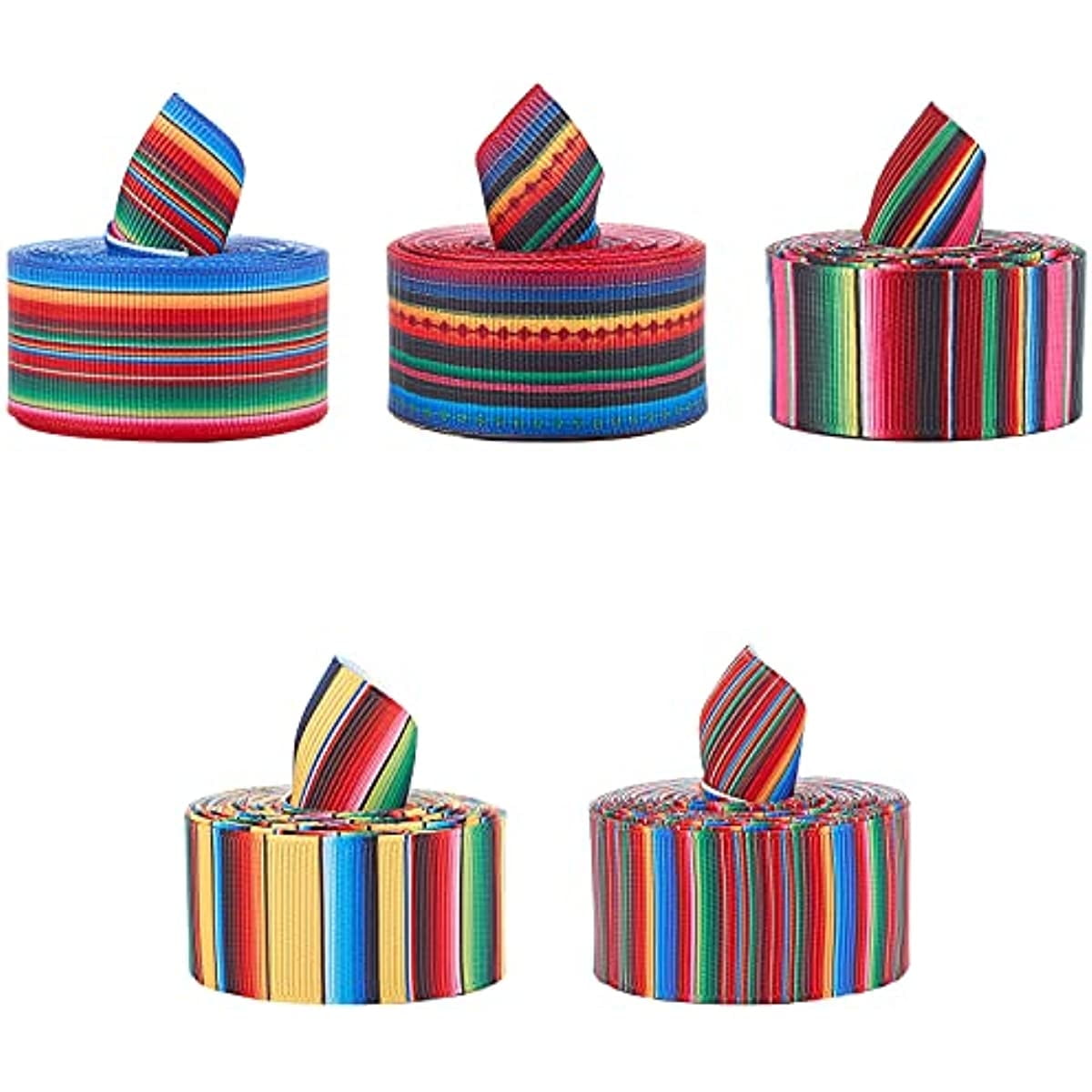 SUNNYCLUE Rainbow Stripes Ribbon 5 Rolls Fiesta Ribbon Mexican Serape Ribbon 5 Styles Colorful Grosgrain Ribbon for DIY Wrapping Party Decoration Crafting Sewing Supplies