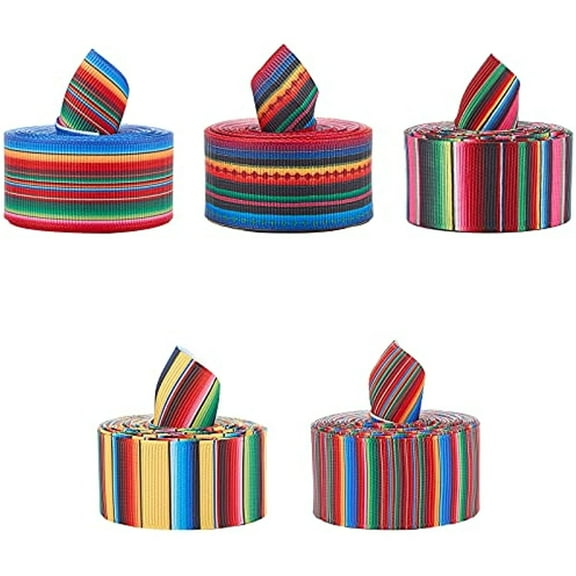Rainbow Stripes Ribbon 5 Rolls Fiesta Ribbon Mexican Serape Ribbon 5 Styles Colorful Grosgrain Ribbon for DIY Wrapping Party Decoration Crafting Sewing Supplies