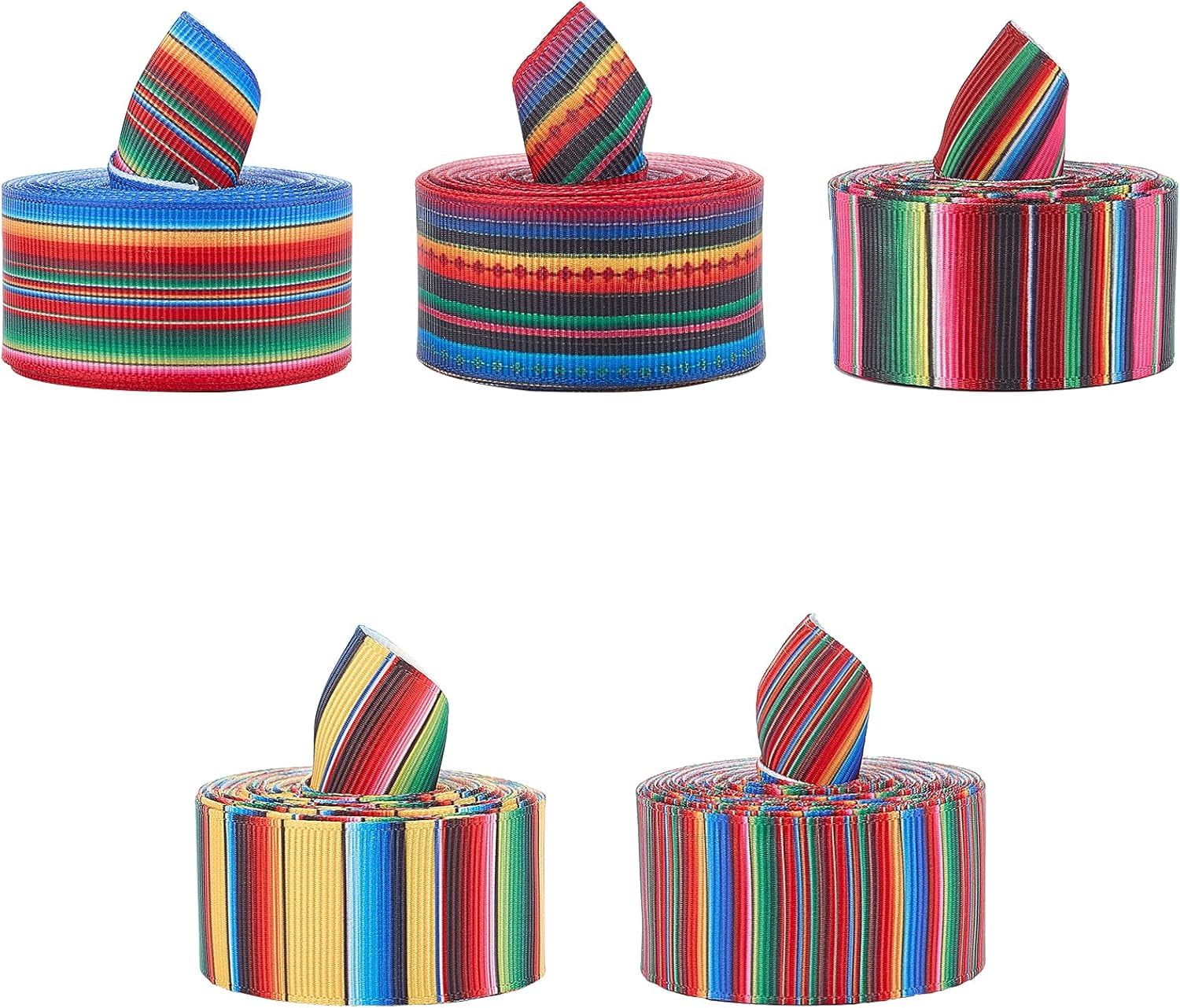 Rainbow Stripes Ribbon 5 Rolls Fiesta Ribbon Mexican Serape Ribbon 5 Styles Colorful Grosgrain Ribbon for DIY Wrapping Party Decoration Crafting Sewing Supplies DIY