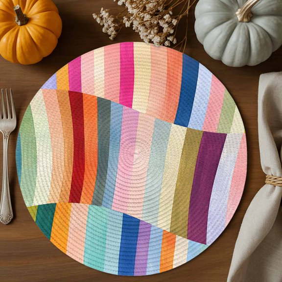 Rainbow Stripes Round Braided Placemats 13", 1 Pack Red Pink Blue Curved Lines Color Blocks Bands Heat Insulation Place Mats Washable Non-Slip Table Mats for Kitchen Dining Party