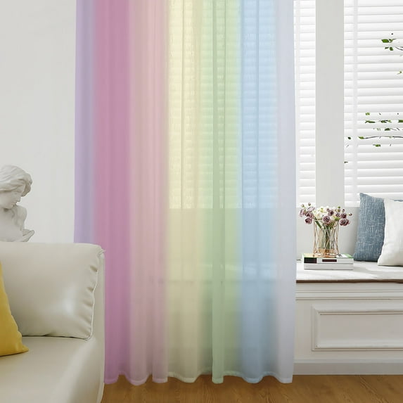 Rainbow Stripes Semi Sheer Curtains Drapes for Living Room,Bedroom,French Doors Window 63 Inches Long,Modern Colorful Cream Striped Aesthetics Rod Pocket Chiffon Curtain Drapery Voile Drape Panel