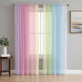 thumbnail image 1 of Rainbow Stripes Semi Sheer Window Curtains 63 Inches Long, Modern Colorful Cream Striped Aesthetics Rod Pocket Voile Silky Chiffon Curtain Light Filtering Drapes for Living Room, 52"x63", 2 Panels, 1 of 9
