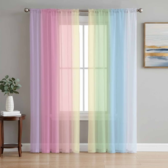 Rainbow Stripes Semi Sheer Window Curtains 63 Inches Long, Modern Colorful Cream Striped Aesthetics Rod Pocket Voile Silky Chiffon Curtain Light Filtering Drapes for Living Room, 52"x63", 2 Panels