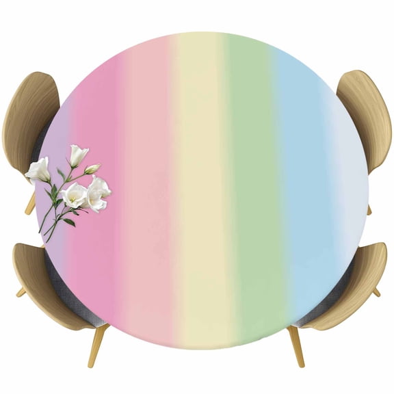Rainbow Stripes Table Cloth, Round Fitted Tablecloths with Elastic Edge, Modern Colorful Cream Striped Aesthetics Wipeable Waterproof Table Cover for Kitchen Wedding 36-44 Inches