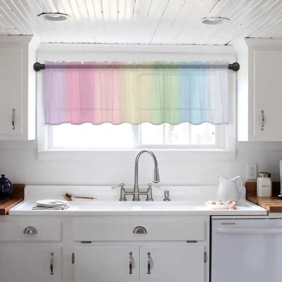 Rainbow Stripes Valance Curtains for Kitchen/Living Room/Bathroom/Bedroom Window, Modern Colorful Cream Striped Aesthetics Rod Pocket Small Topper Half Short Window Curtains Sheer Scarf 54"x18"