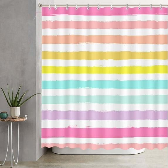Rainbow Stripes Waterproof Shower Curtain for Bathroom Decorations with Plastic Hooks Color Horizontal Stripe Bathtub Decor Polyester Fabric Shower Curtains Set with Hooks 72"W x 96"L (Pack of 1)