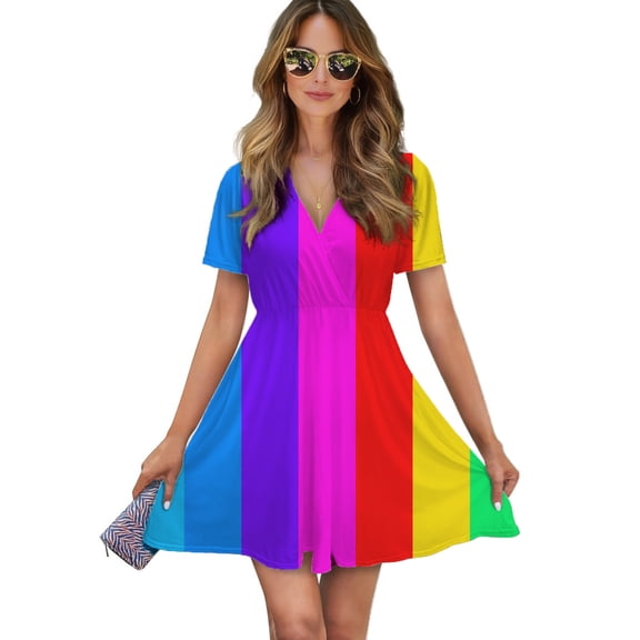 Rainbow Stripes Women Dress V-Neck Short Sleeve Flowy Swing Party Midi Dress