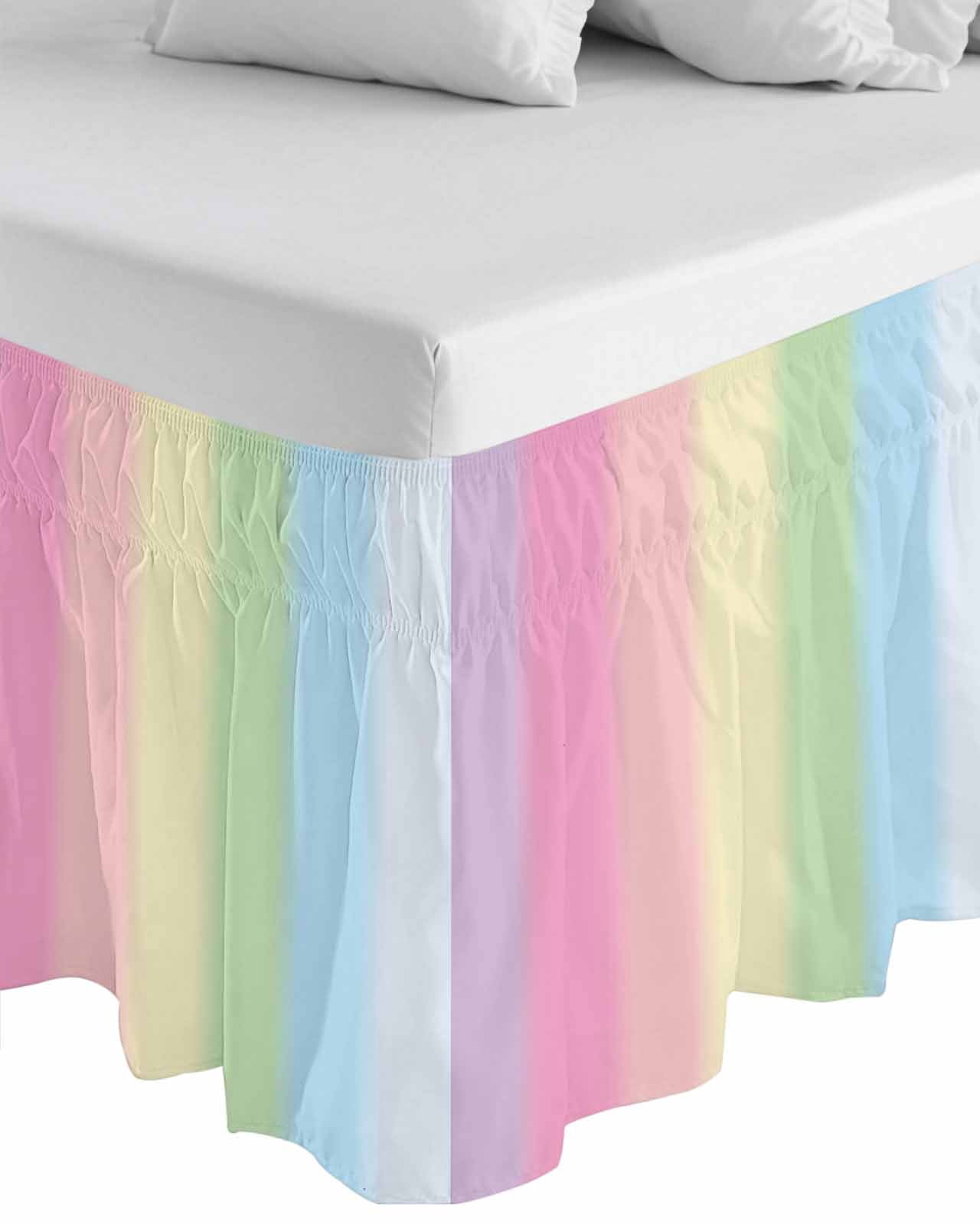 Rainbow Stripes Wrap Around Bed Skirts for Queen Bed 16" Drop,Bed Skirt with Adjustable Elastic Belt Dust Ruffle Bed Valance for Bedroom Hotel Modern Colorful Cream Striped Aesthetics Bed Frame Cover